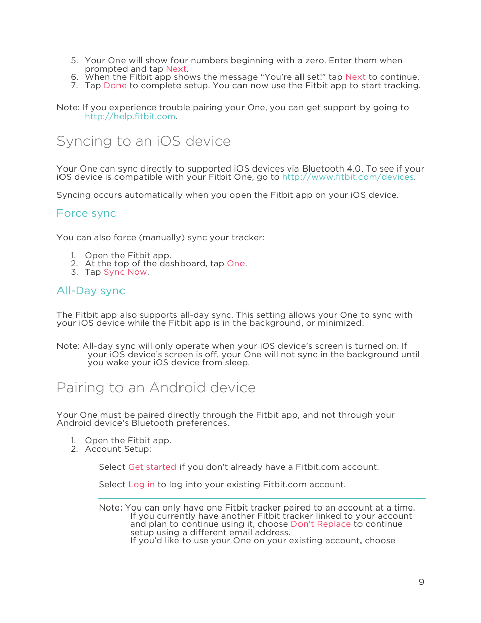 Syncing to an ios device, Pairing to an android device, Force sync | All-day sync | Fitbit One User Manual | Page 13 / 33