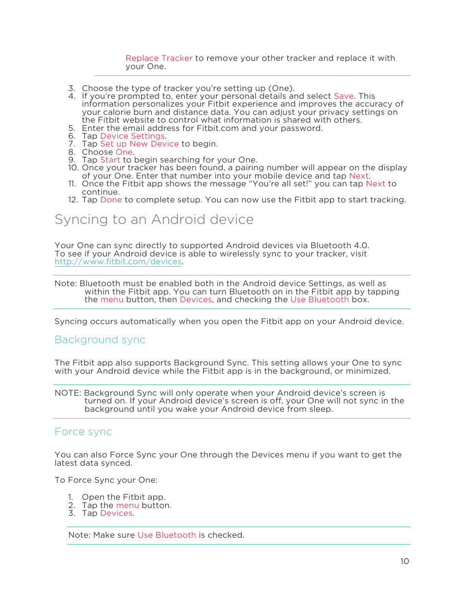 Syncing to an android device, Background sync, Force sync | Fitbit One User Manual | Page 14 / 33