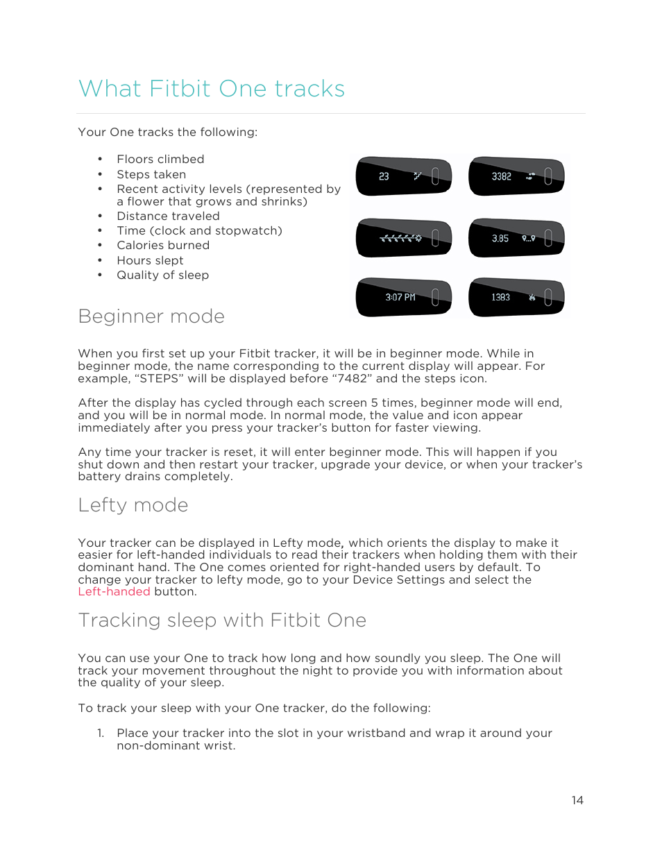 What fitbit one tracks, Beginner mode, Lefty mode | Tracking sleep with fitbit one | Fitbit One User Manual | Page 18 / 33