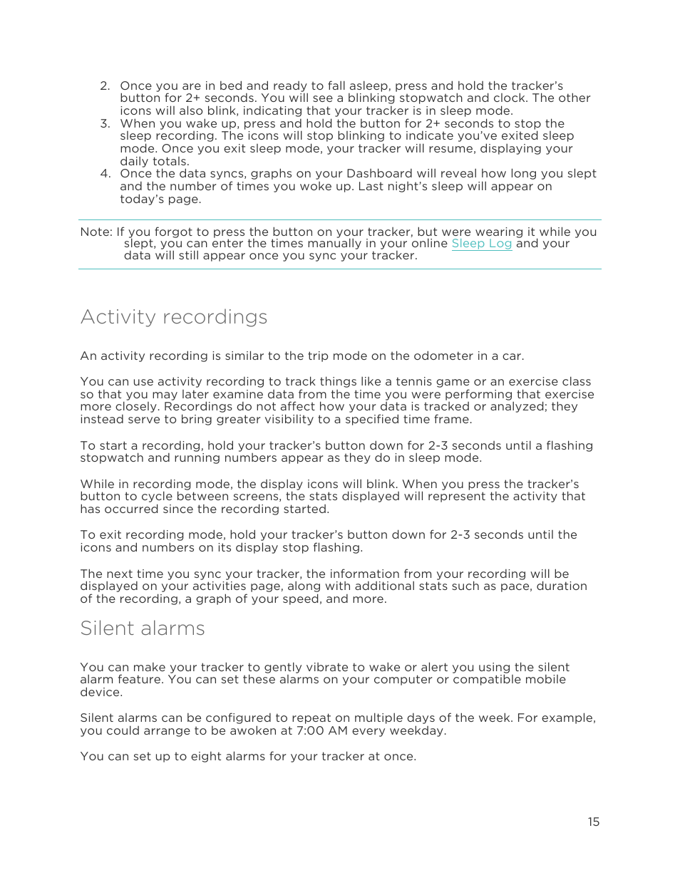 Activity recordings, Silent alarms | Fitbit One User Manual | Page 19 / 33