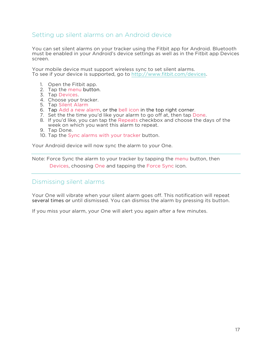 Setting up silent alarms on an android device, Dismissing silent alarms | Fitbit One User Manual | Page 21 / 33