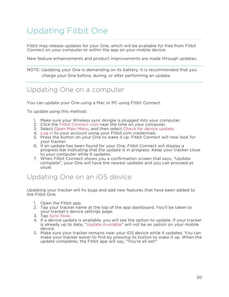 Updating fitbit one 0, Updating fitbit one, Updating one on a computer | Updating one on an ios device | Fitbit One User Manual | Page 24 / 33