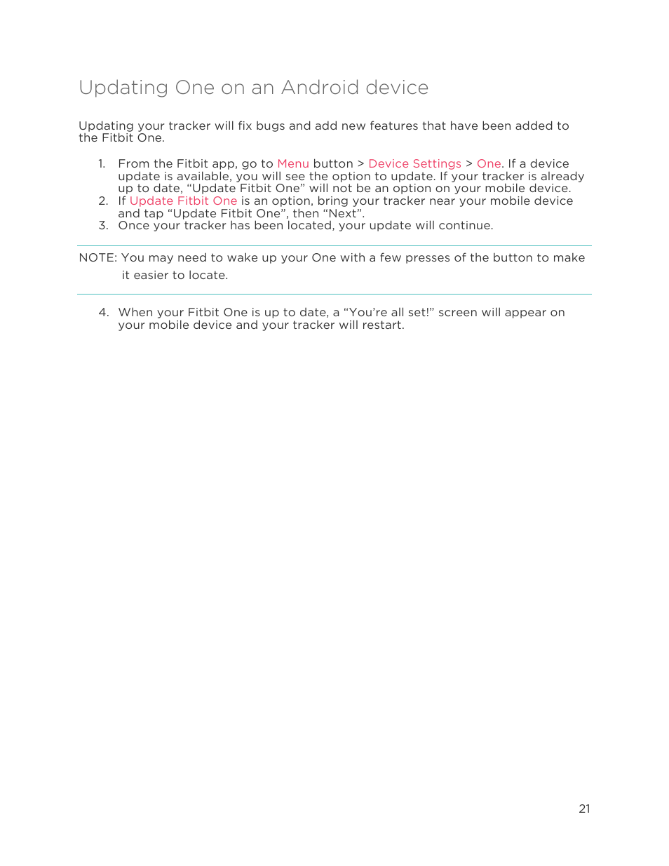 Updating one on an android device | Fitbit One User Manual | Page 25 / 33