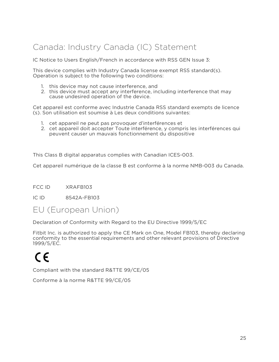 Canada: industry canada (ic) statement, Eu (european union) | Fitbit One User Manual | Page 29 / 33