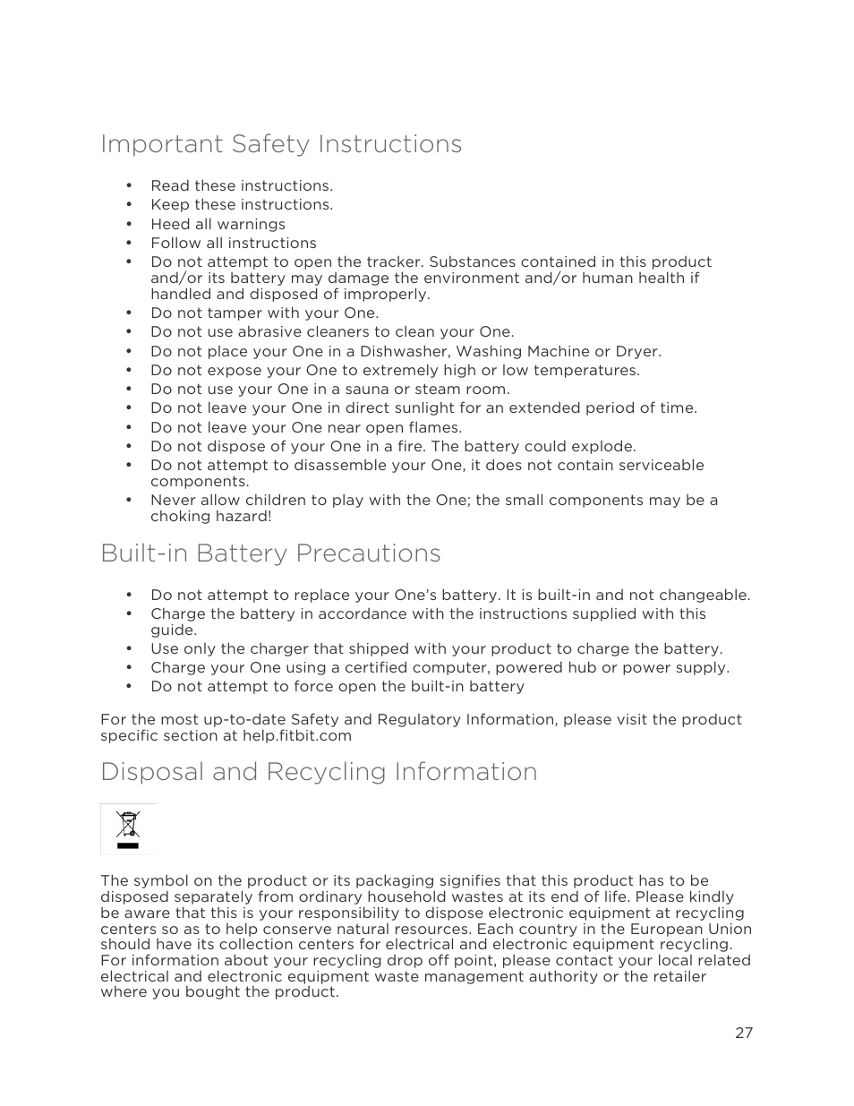 Important safety instructions, Built-in battery precautions, Disposal and recycling information | Fitbit One User Manual | Page 31 / 33