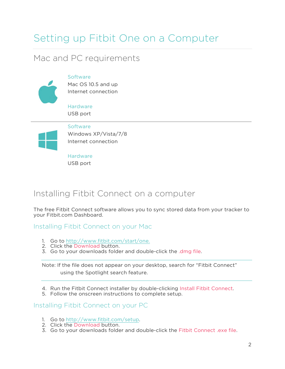 Setting up fitbit one on a computer, Mac and pc requirements, Installing fitbit connect on a computer | Installing fitbit connect on your mac, Installing fitbit connect on your pc | Fitbit One User Manual | Page 6 / 33