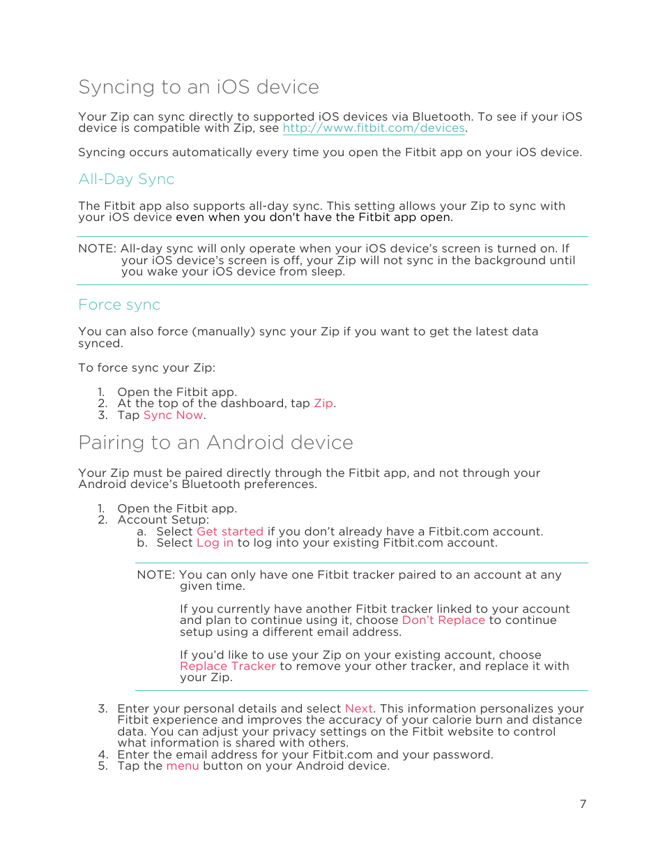 Syncing to an ios device, Pairing to an android device, All-day sync | Force sync | Fitbit Zip User Manual | Page 10 / 27