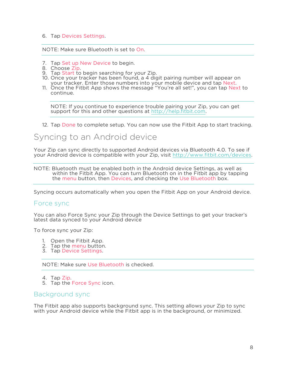 Syncing to an android device, Force sync, Background sync | Fitbit Zip User Manual | Page 11 / 27