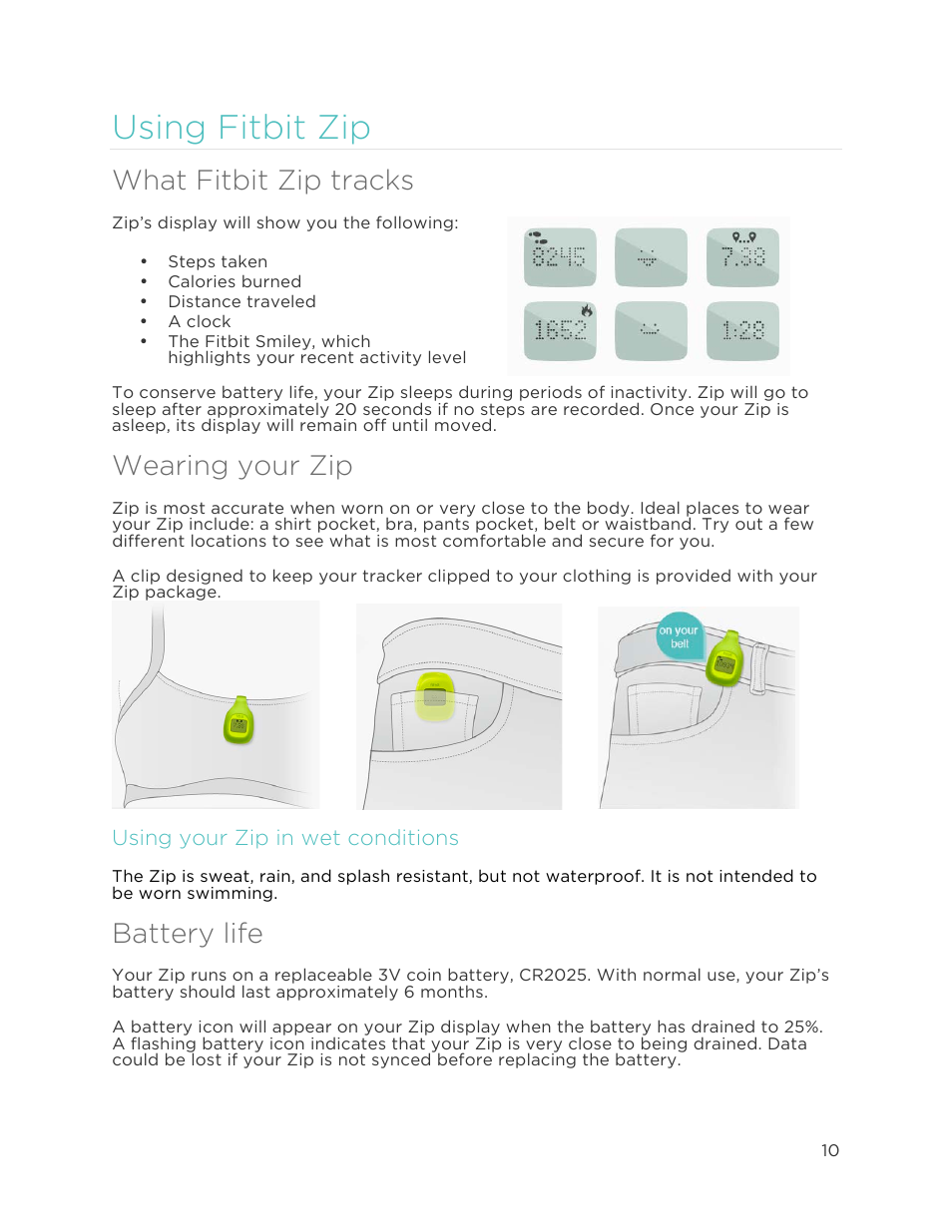 Using fitbit zip, What fitbit zip tracks, Wearing your zip | Battery life | Fitbit Zip User Manual | Page 13 / 27
