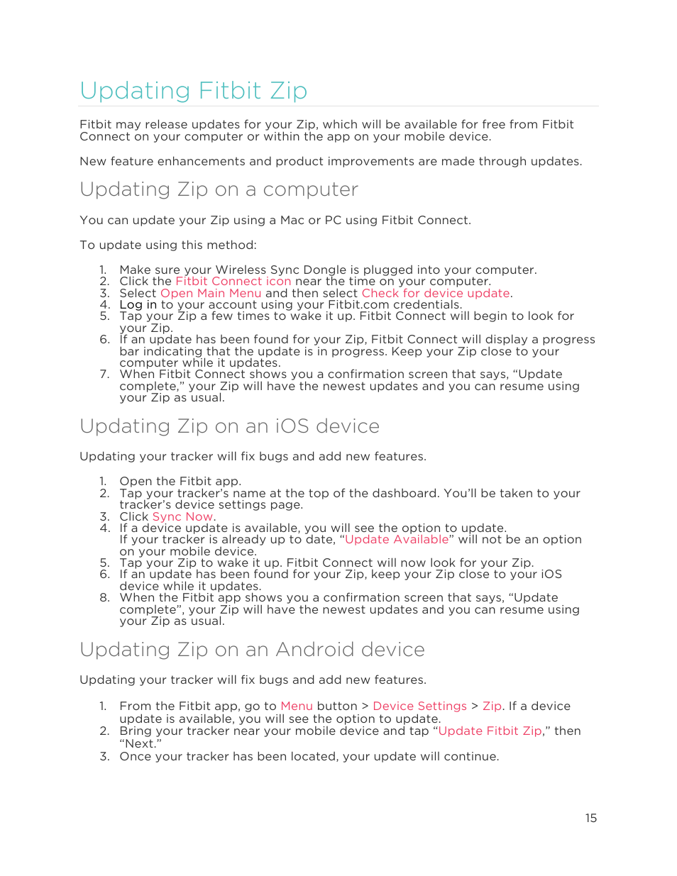 Updating fitbit zip, Updating zip on a computer, Updating zip on an ios device | Updating zip on an android device | Fitbit Zip User Manual | Page 18 / 27