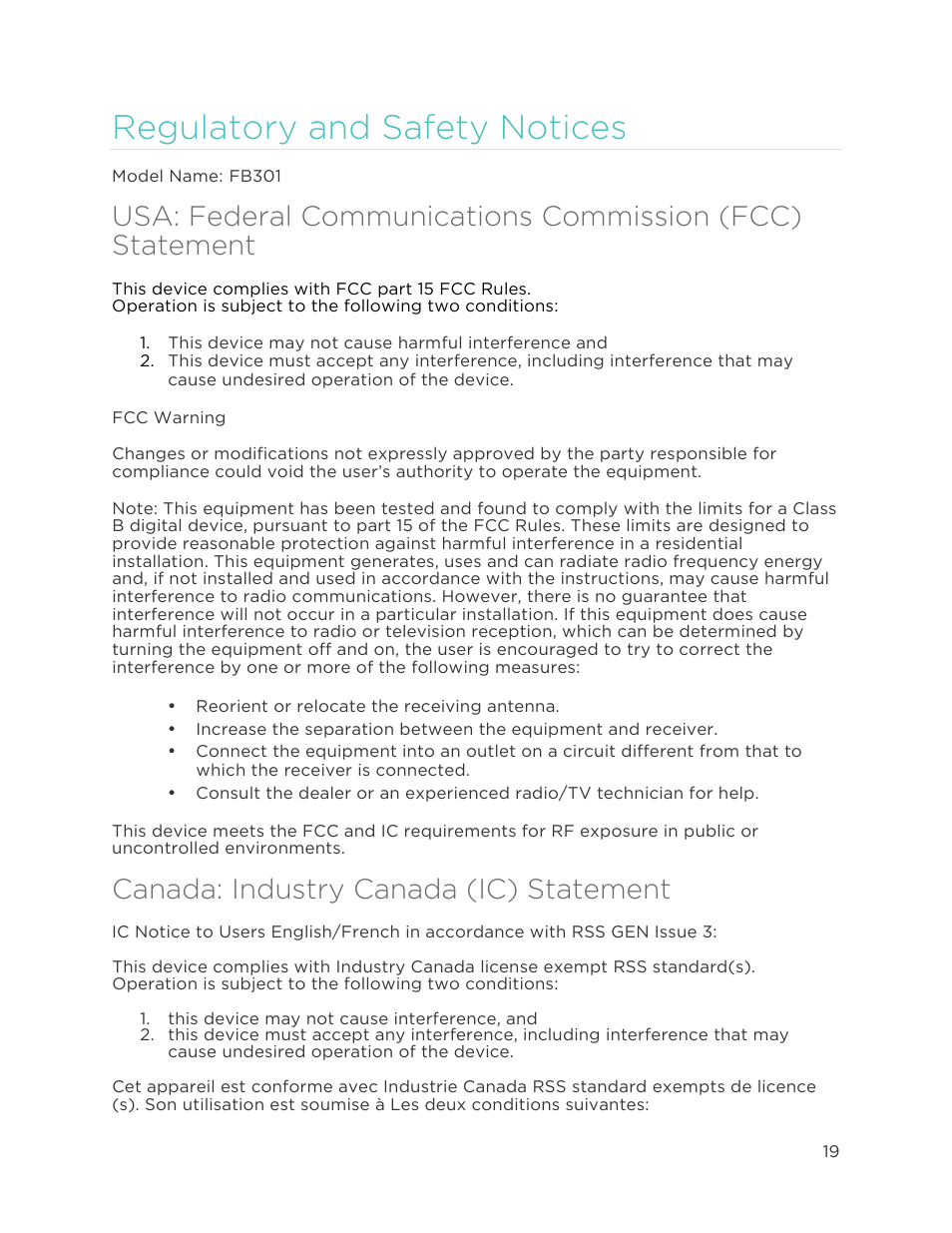 Regulatory and safety notices, Canada: industry canada (ic) statement | Fitbit Zip User Manual | Page 22 / 27