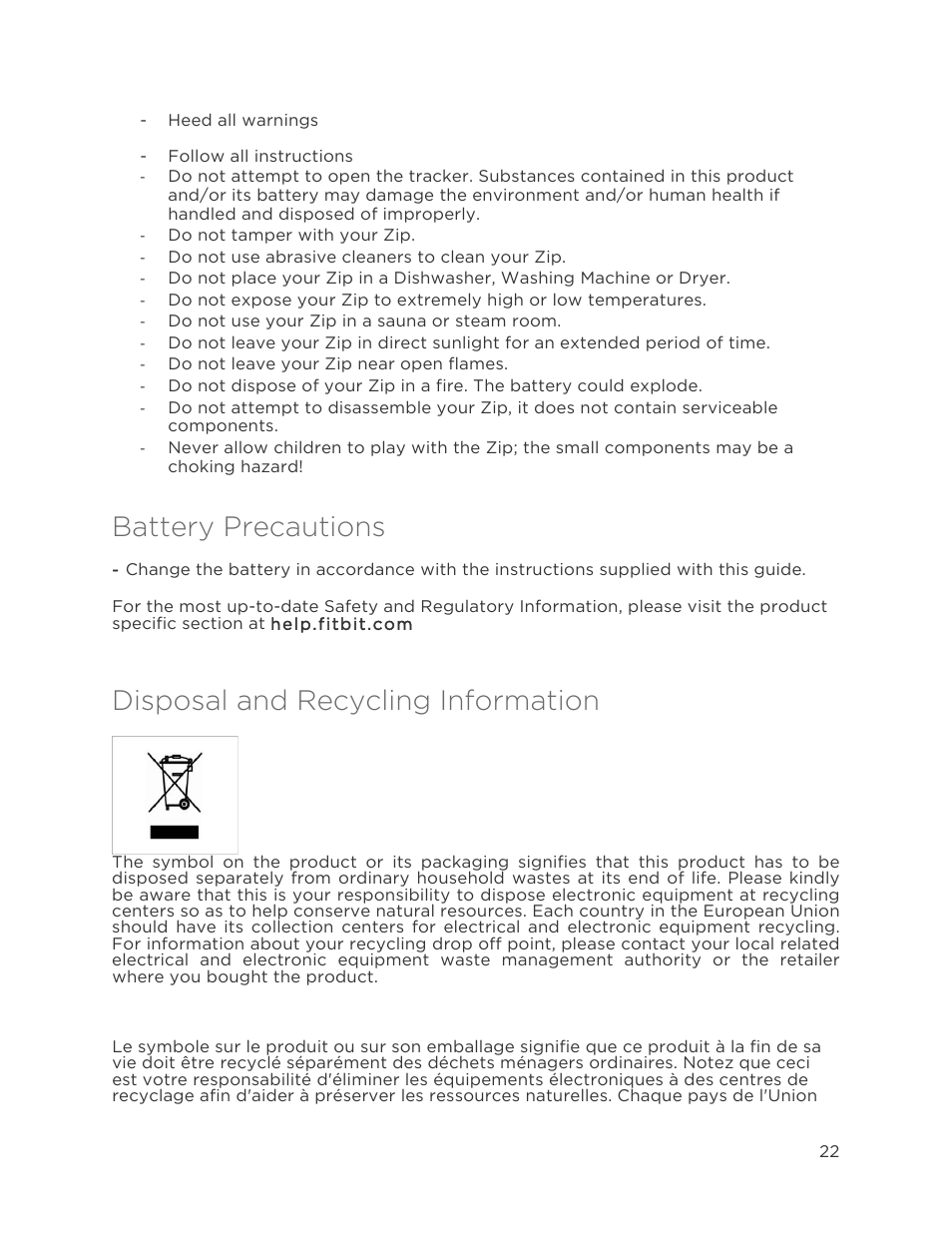 Battery precautions, Disposal and recycling information | Fitbit Zip User Manual | Page 25 / 27