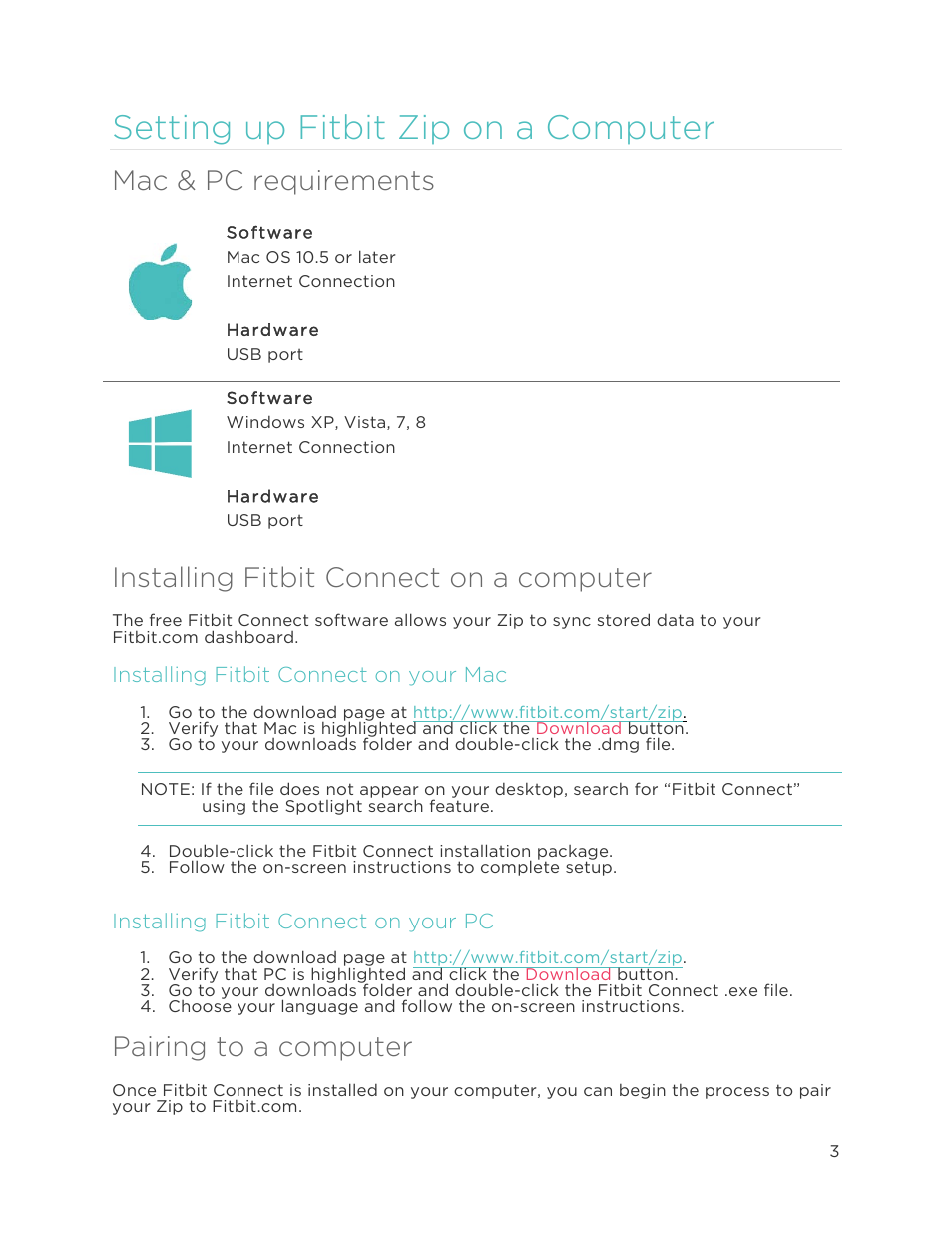 Setting up fitbit zip on a computer, Mac & pc requirements, Installing fitbit connect on a computer | Pairing to a computer, Installing fitbit connect on your mac, Installing fitbit connect on your pc | Fitbit Zip User Manual | Page 6 / 27