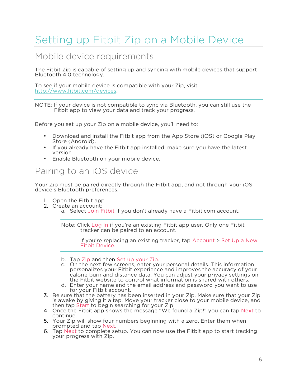 Setting up fitbit zip on a mobile device, Mobile device requirements, Pairing to an ios device | Fitbit Zip User Manual | Page 9 / 27
