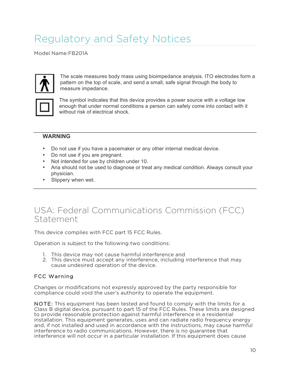 Regulatory and safety notices, Usa: fcc statement | Fitbit Aria User Manual | Page 13 / 19