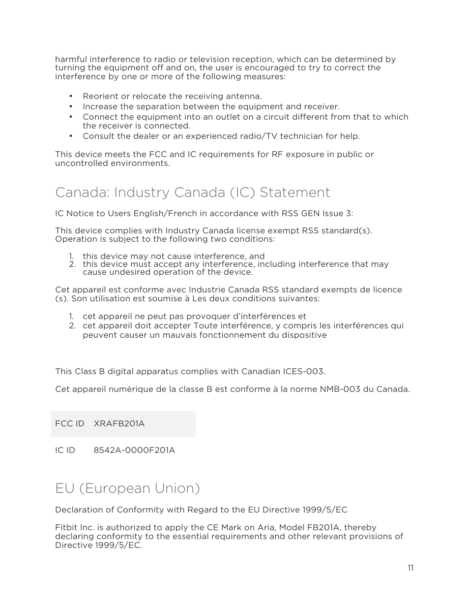 Canada: ic statement, Eu (european union), Canada: industry canada (ic) statement | Fitbit Aria User Manual | Page 14 / 19