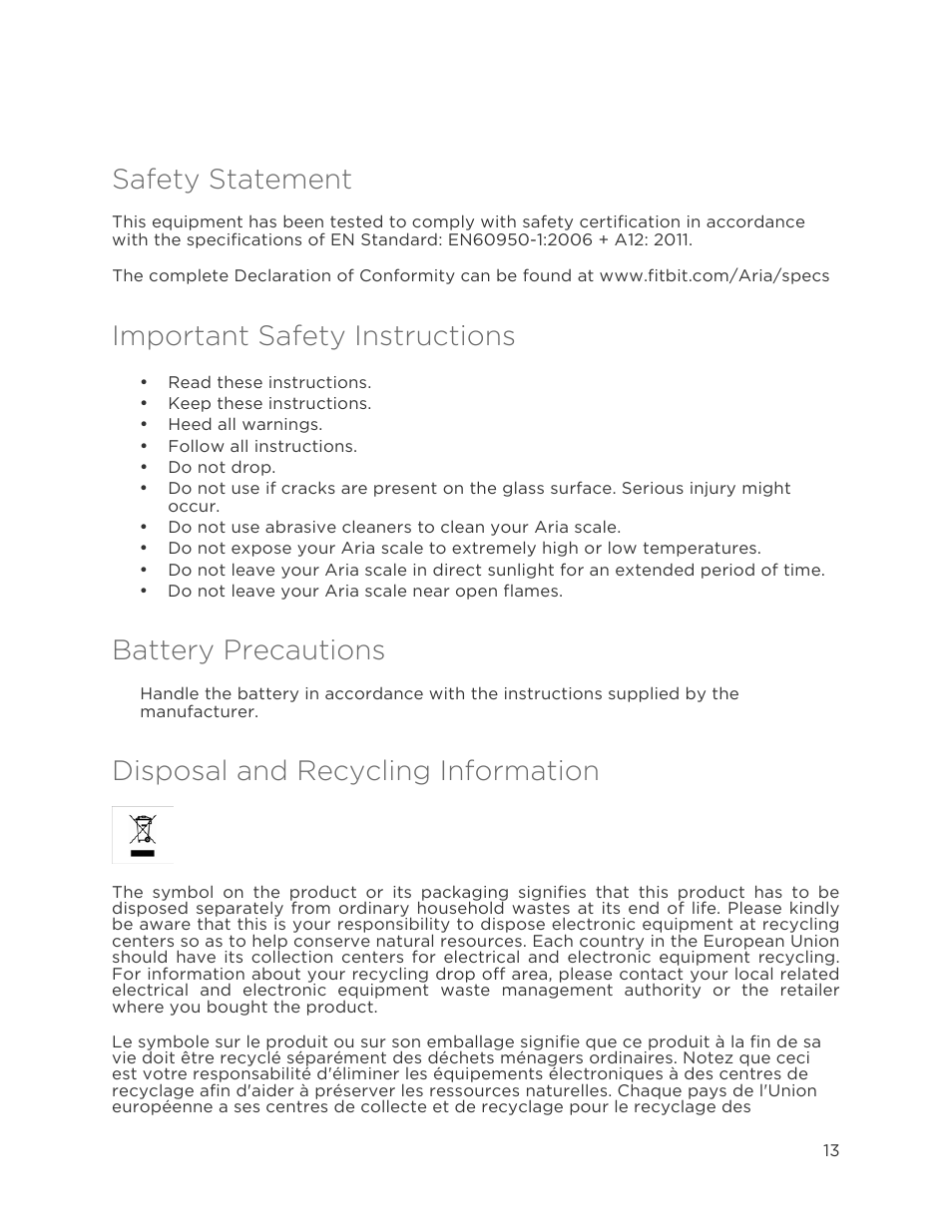 Safety statement, Important safety instructions, Battery precautions | Disposal and recycling information | Fitbit Aria User Manual | Page 16 / 19