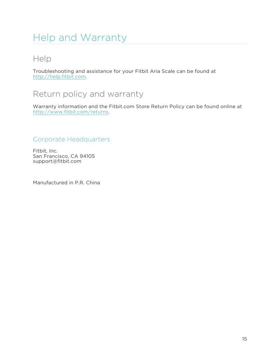 Help and warranty, Help, Return policy and warranty | H e l p a n d w a r r a n t y 5 | Fitbit Aria User Manual | Page 18 / 19