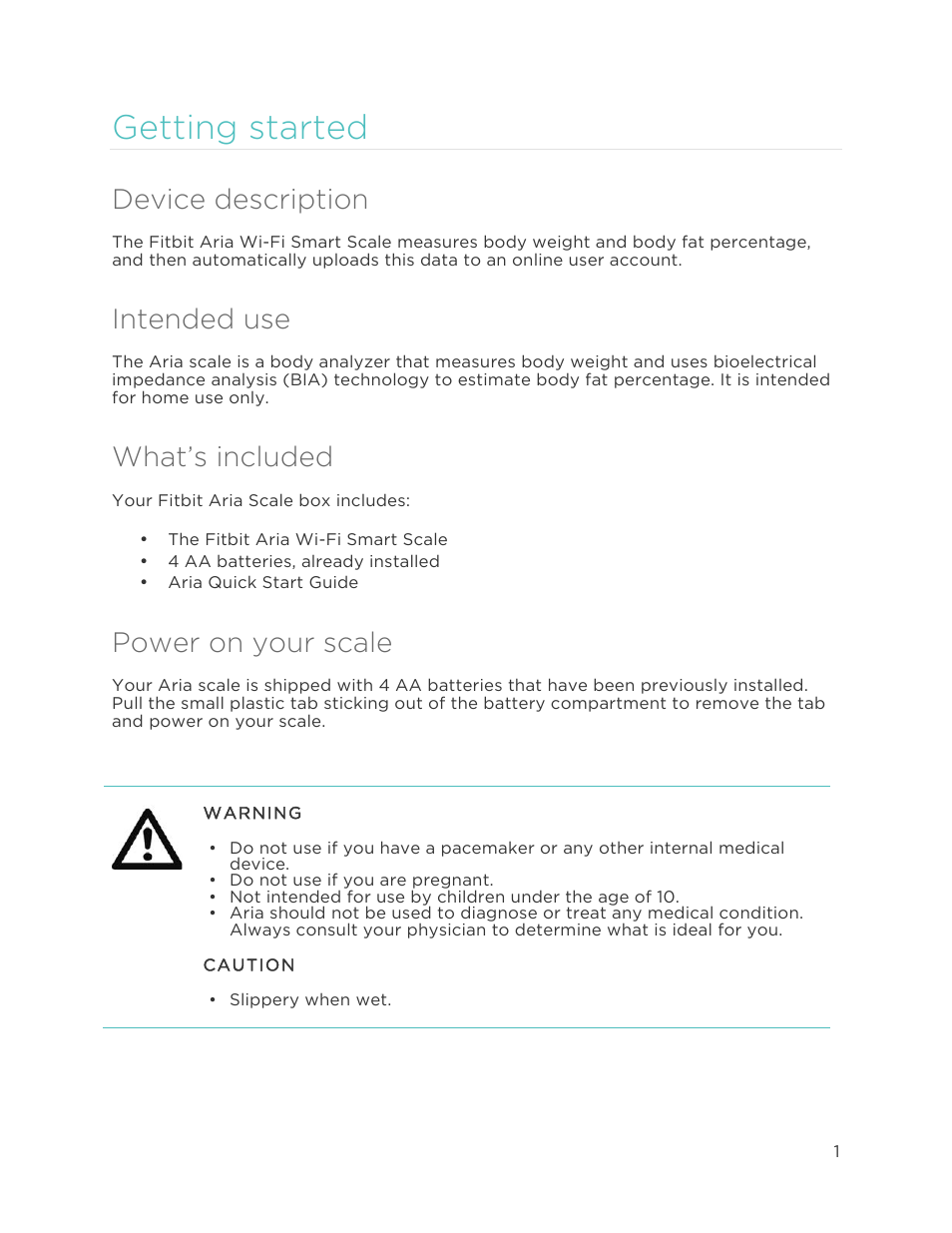 Getting started, Device description, Intended use | What's included, Power on your scale, G e t t i n g s t a r t e d, What’s included | Fitbit Aria User Manual | Page 4 / 19