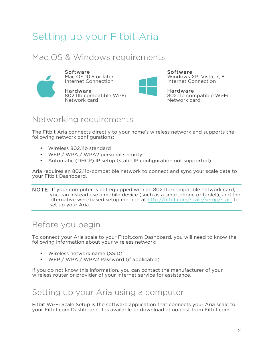 Setting up your fitbit aria, Mac os & windows requirements, Networking requirements | Before you begin, Setting up your aria using a computer, S e t t i n g u p y o u r f i t b i t a r i a | Fitbit Aria User Manual | Page 5 / 19