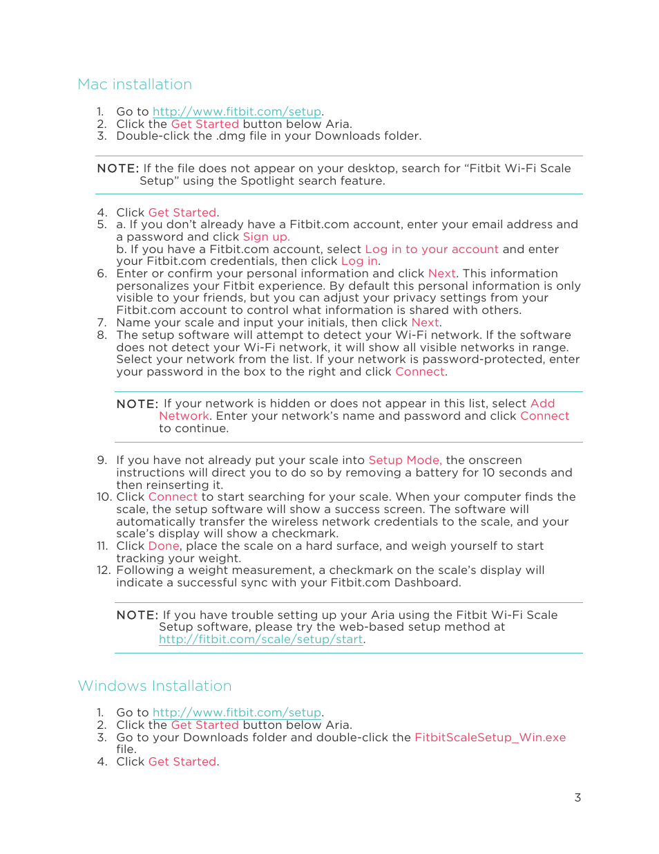 Mac installation, Windows installation, Setting up your aria using a computer | Fitbit Aria User Manual | Page 6 / 19