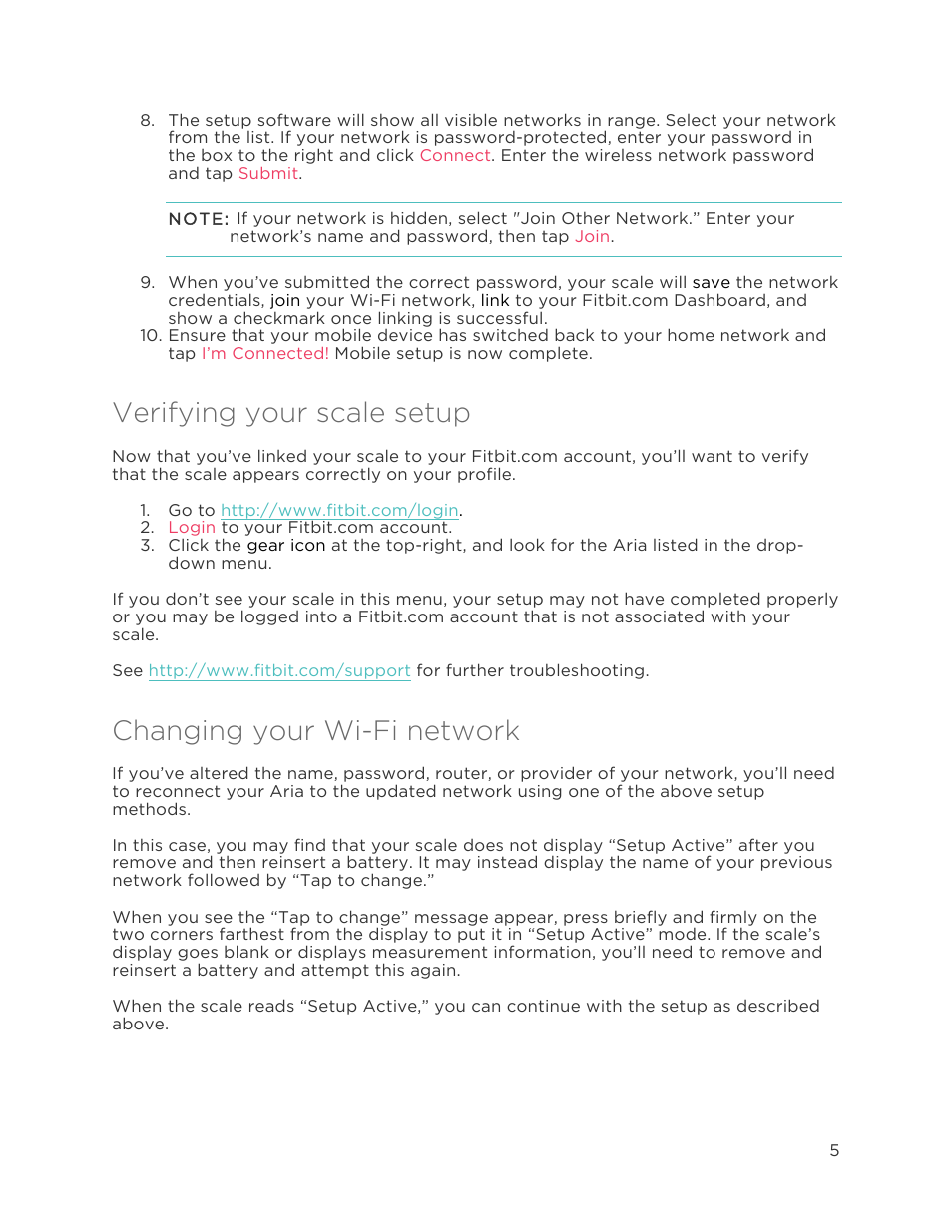 Verifying your scale setup, Changing your wi-fi network | Fitbit Aria User Manual | Page 8 / 19