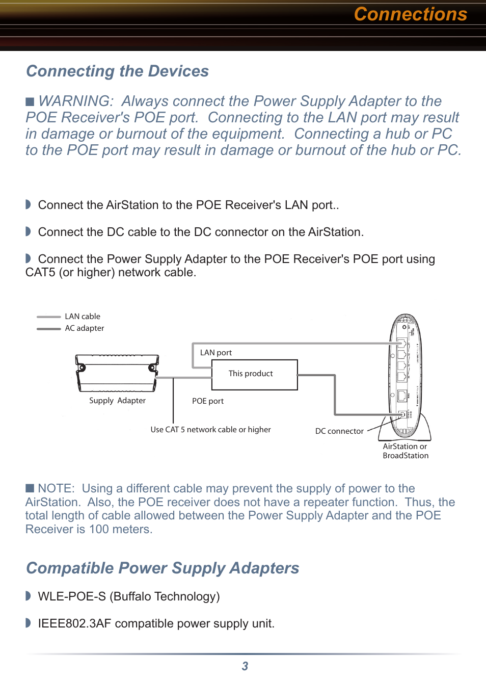 Connections, Connecting the devices, Compatible power supply adapters | Buffalo Technology Power Over Ethernet Receiver WLE-POE-R7 User Manual | Page 3 / 8