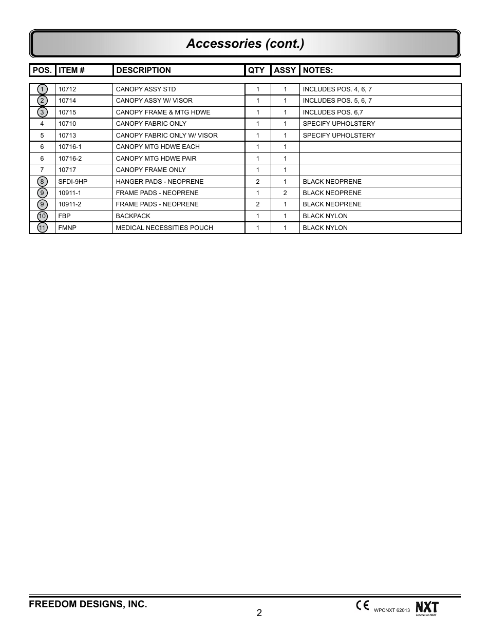 Accessories (cont.), 2freedom designs, inc | Freedom Designs Freedom NXT User Manual | Page 11 / 182