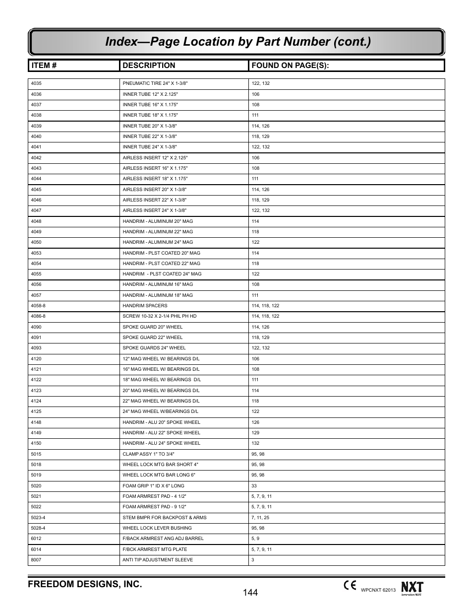 Index—page location by part number (cont.), 144 freedom designs, inc, Item # description found on page(s) | Freedom Designs Freedom NXT User Manual | Page 153 / 182