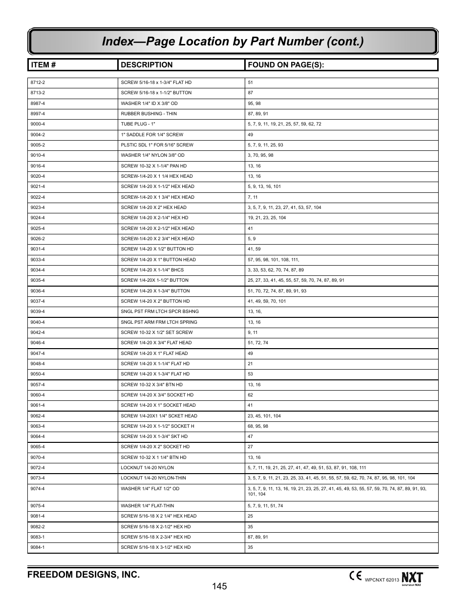 Index—page location by part number (cont.), Freedom designs, inc. 145, Item # description found on page(s) | Freedom Designs Freedom NXT User Manual | Page 154 / 182
