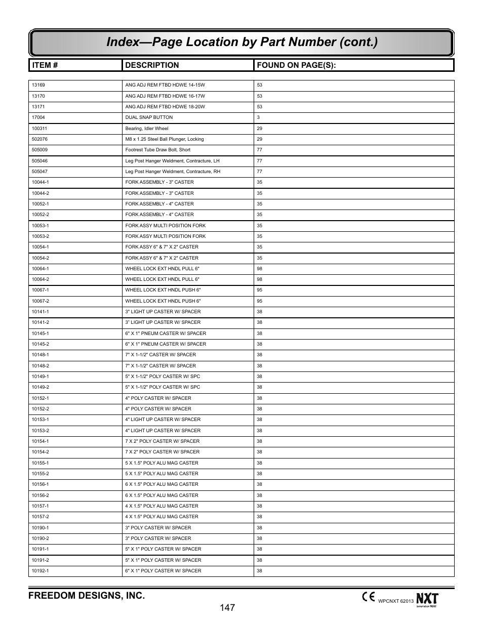 Index—page location by part number (cont.), Freedom designs, inc. 147, Item # description found on page(s) | Freedom Designs Freedom NXT User Manual | Page 156 / 182