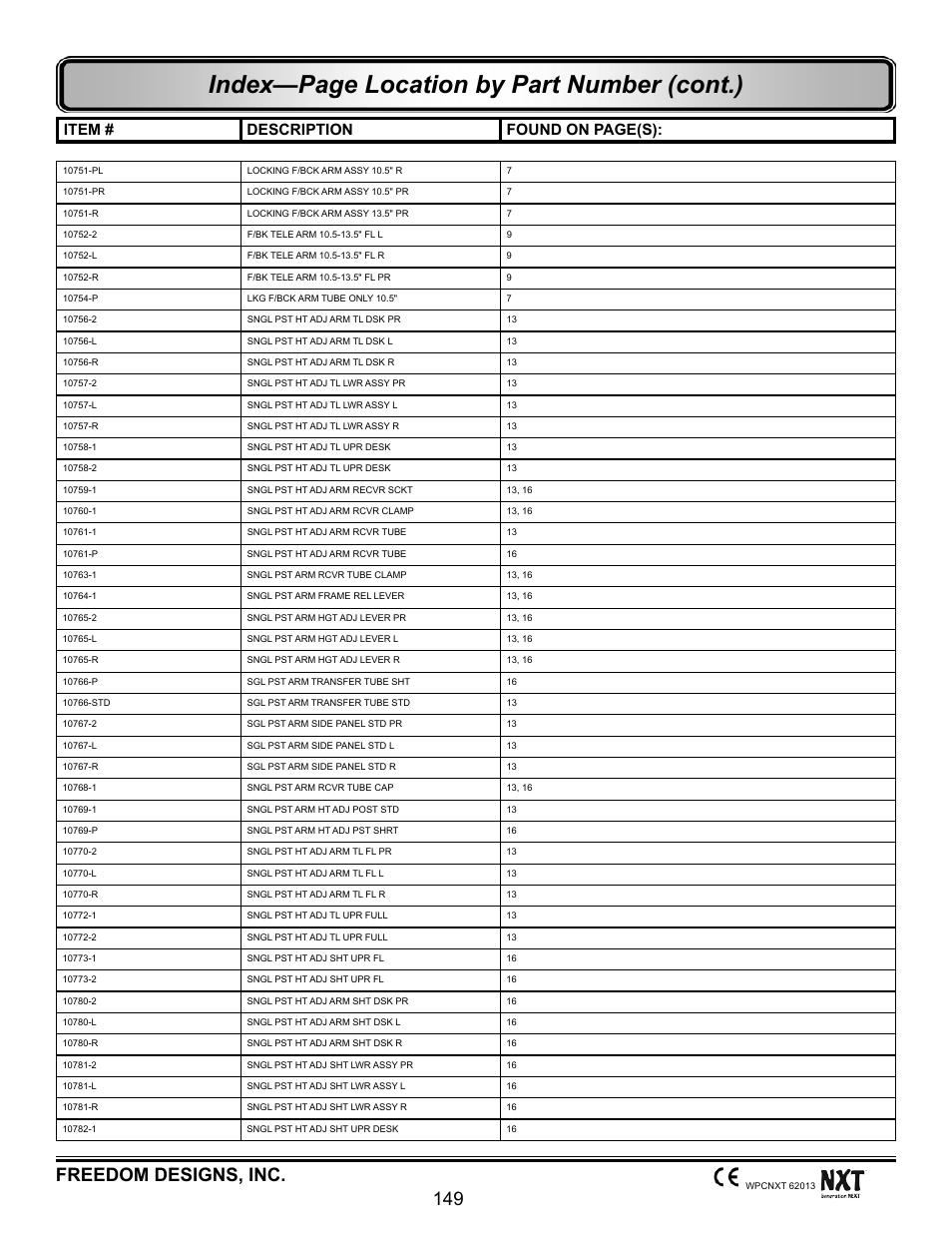 Index—page location by part number (cont.), Freedom designs, inc. 149, Item # description found on page(s) | Freedom Designs Freedom NXT User Manual | Page 158 / 182