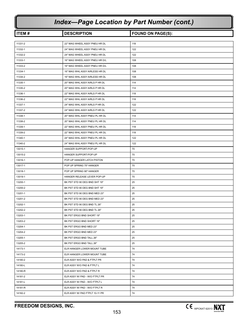 Index—page location by part number (cont.), Freedom designs, inc. 153, Item # description found on page(s) | Freedom Designs Freedom NXT User Manual | Page 162 / 182
