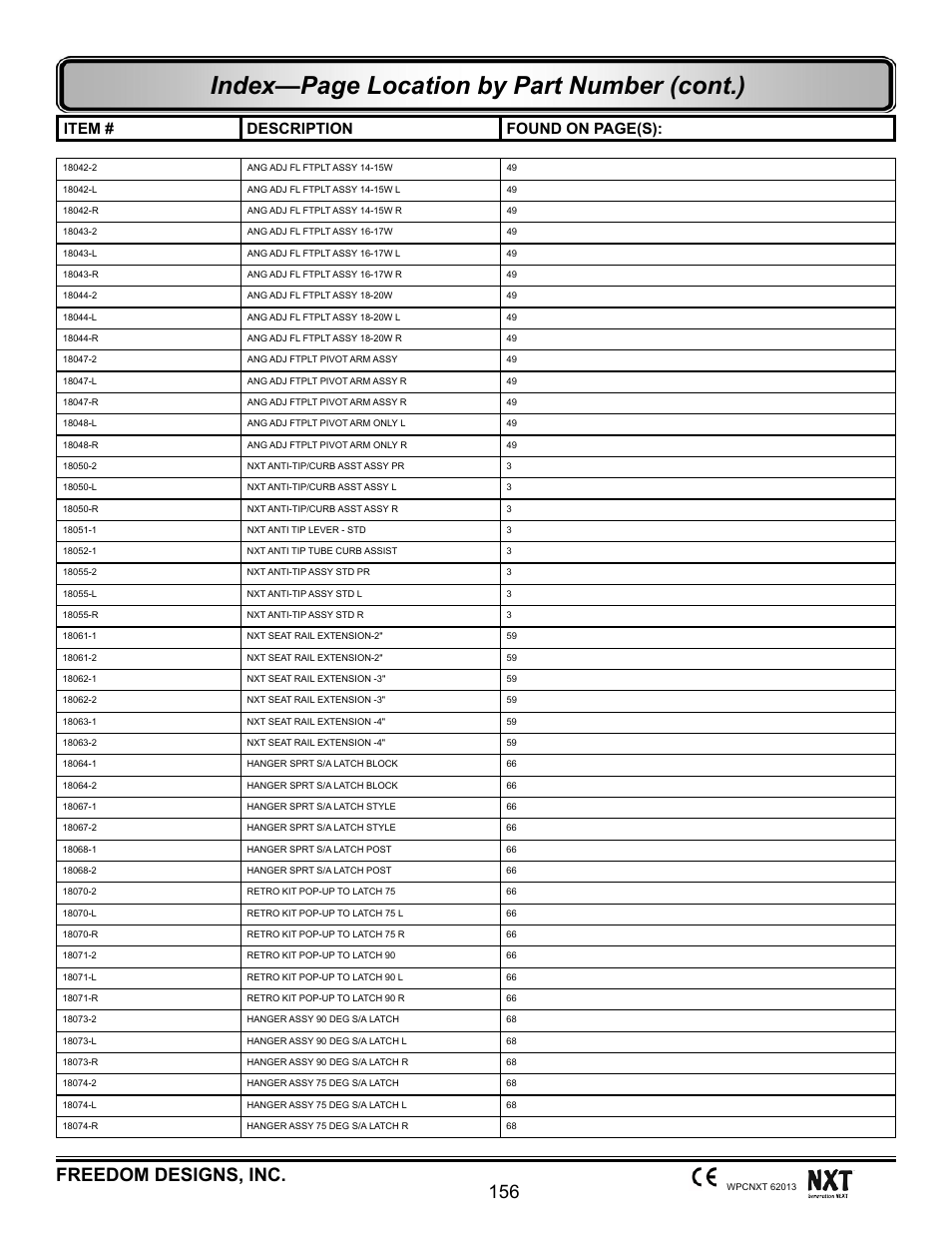 Index—page location by part number (cont.), 156 freedom designs, inc, Item # description found on page(s) | Freedom Designs Freedom NXT User Manual | Page 165 / 182