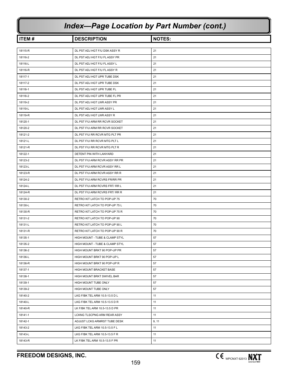 Index—page location by part number (cont.), Freedom designs, inc. 159 | Freedom Designs Freedom NXT User Manual | Page 168 / 182