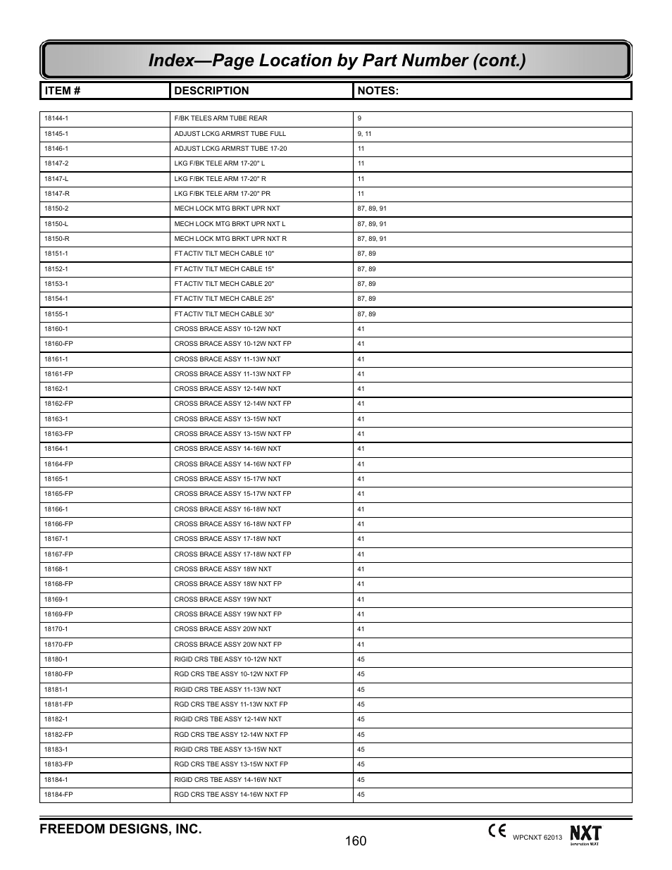 Index—page location by part number (cont.), 160 freedom designs, inc | Freedom Designs Freedom NXT User Manual | Page 169 / 182