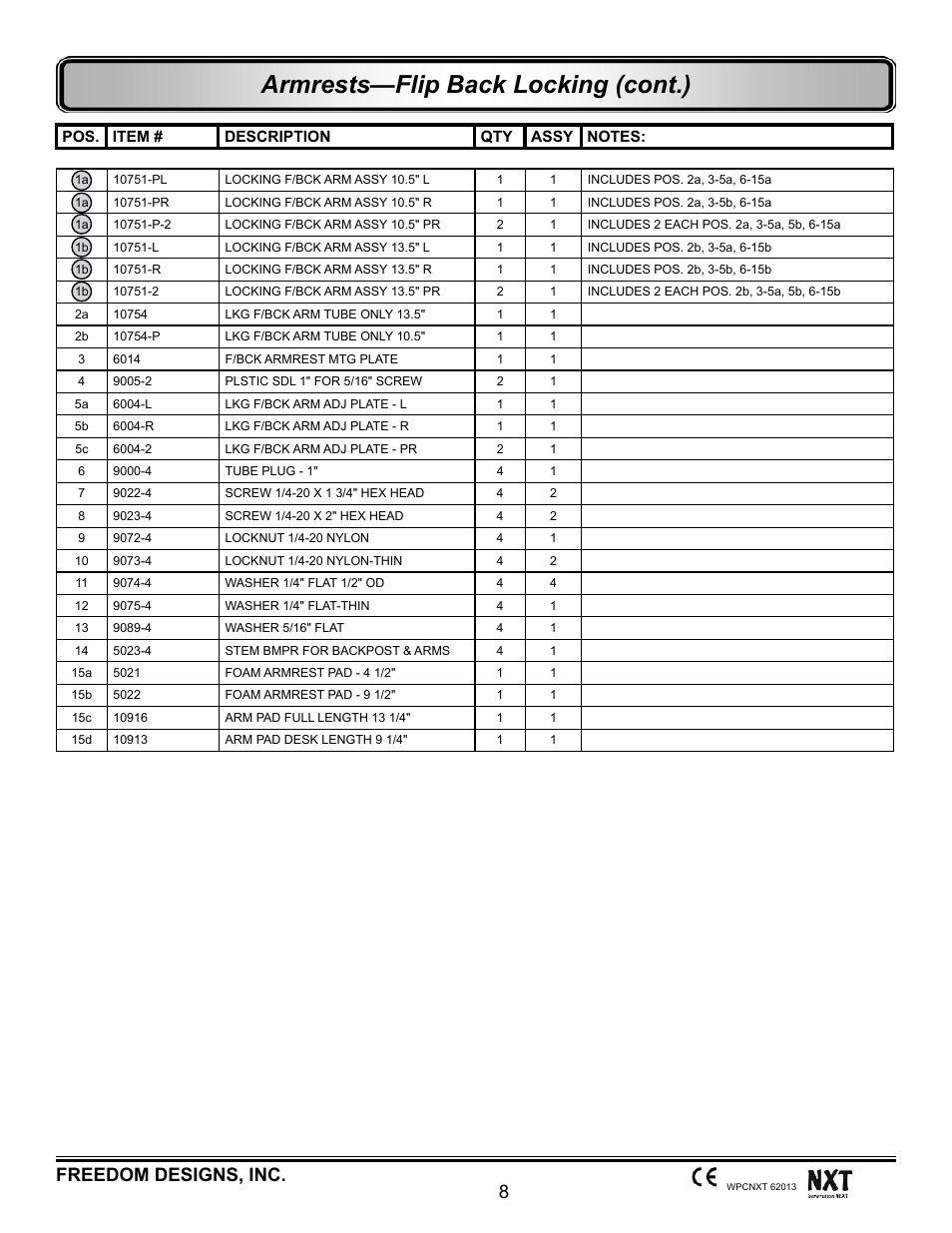 Armrests—flip back locking (cont.), 8freedom designs, inc | Freedom Designs Freedom NXT User Manual | Page 17 / 182
