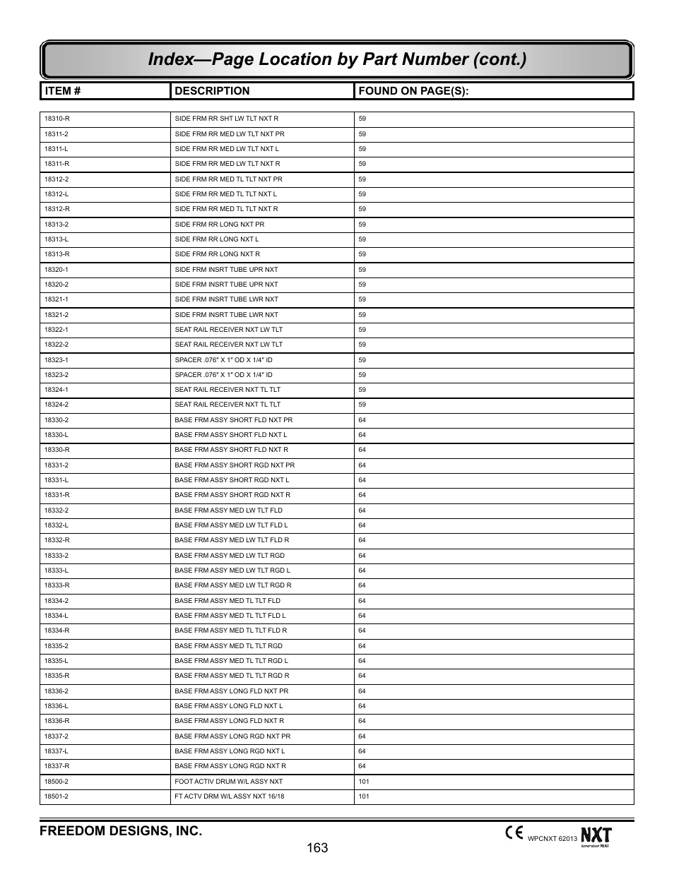 Index—page location by part number (cont.), Freedom designs, inc. 163, Item # description found on page(s) | Freedom Designs Freedom NXT User Manual | Page 172 / 182