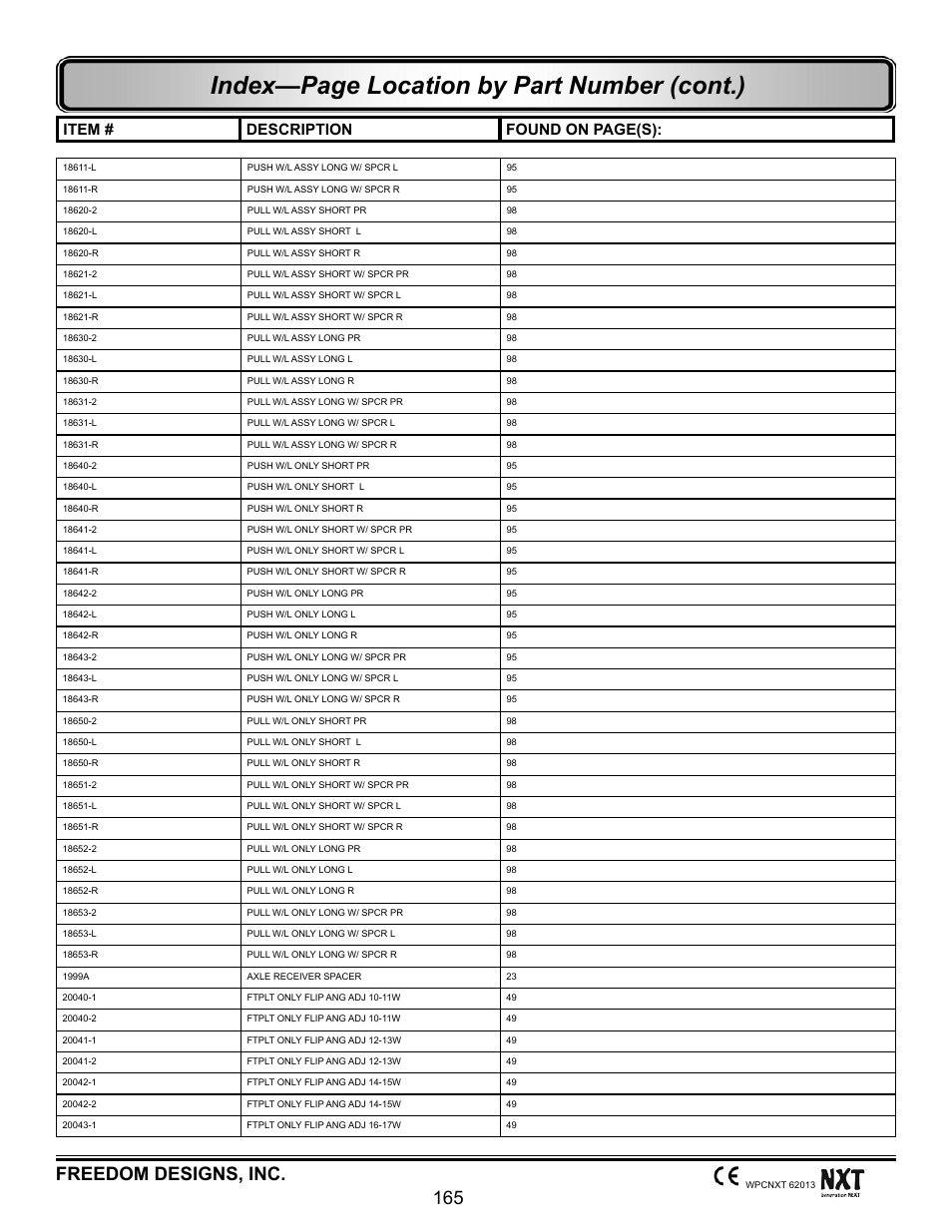 Index—page location by part number (cont.), Freedom designs, inc. 165, Item # description found on page(s) | Freedom Designs Freedom NXT User Manual | Page 174 / 182