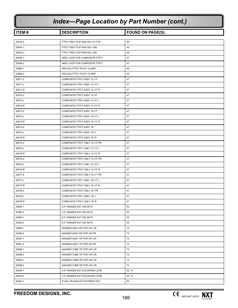 Index—page location by part number (cont.), 166 freedom designs, inc, Item # description found on page(s) | Freedom Designs Freedom NXT User Manual | Page 175 / 182