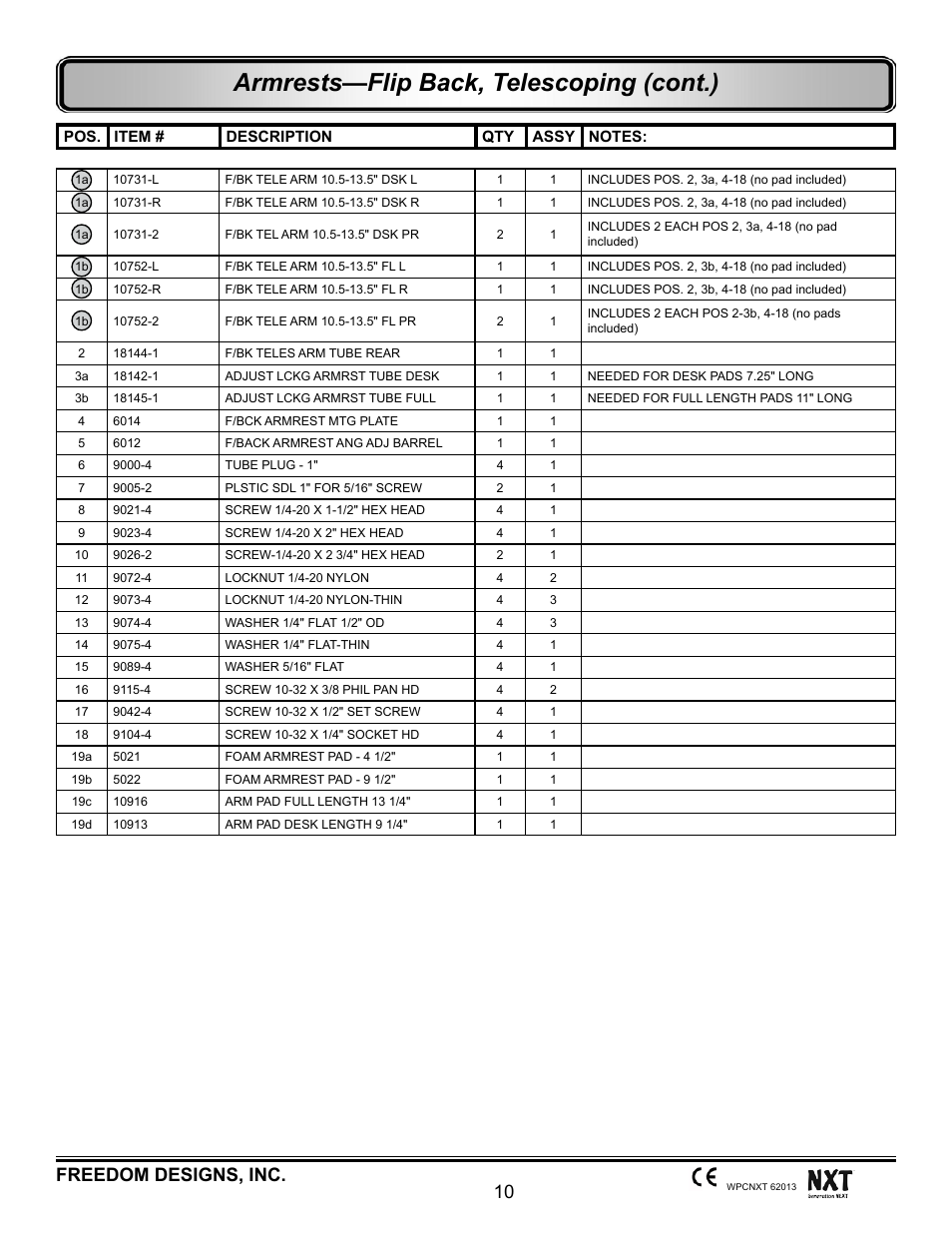 Armrests—flip back, telescoping (cont.), 10 freedom designs, inc | Freedom Designs Freedom NXT User Manual | Page 19 / 182