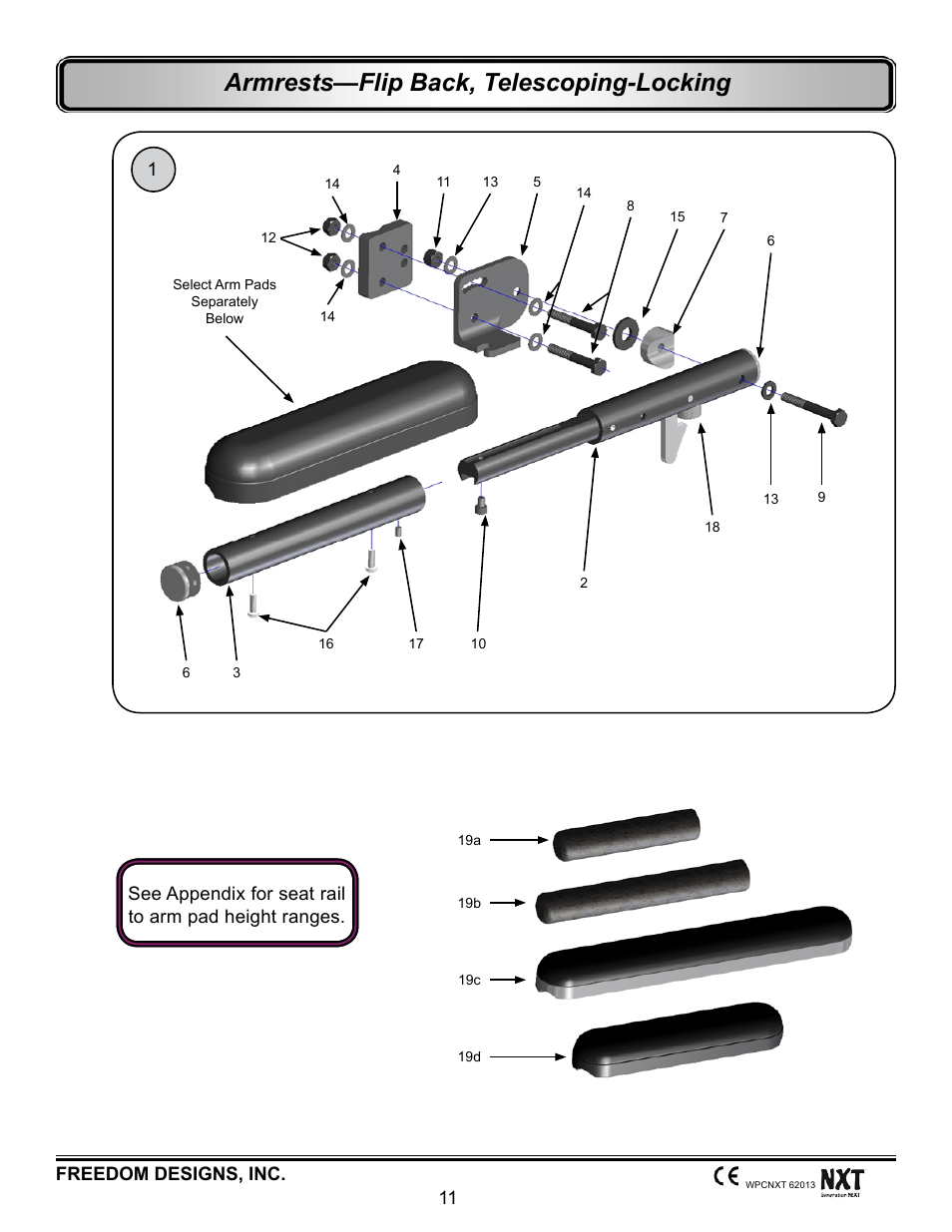 Flip back, telescoping, locking, Armrests—flip back, telescoping-locking | Freedom Designs Freedom NXT User Manual | Page 20 / 182