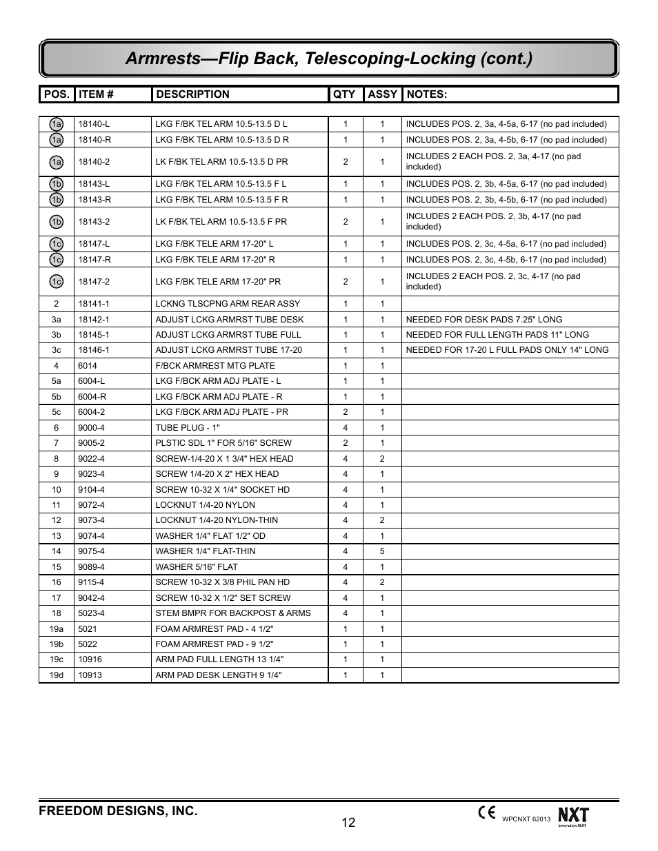 Armrests—flip back, telescoping-locking (cont.), 12 freedom designs, inc | Freedom Designs Freedom NXT User Manual | Page 21 / 182