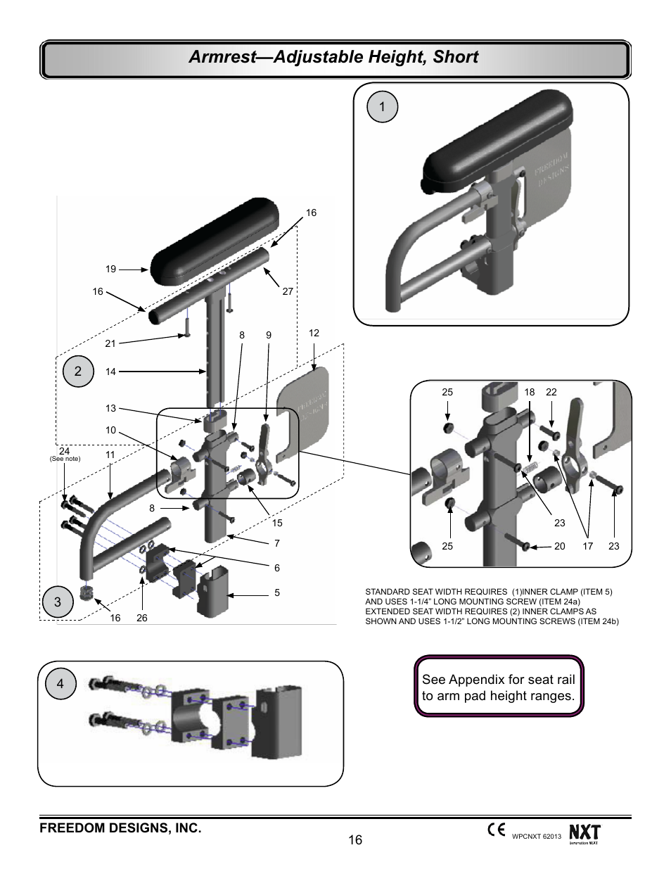 Adjustable height, short, Armrest—adjustable height, short | Freedom Designs Freedom NXT User Manual | Page 25 / 182