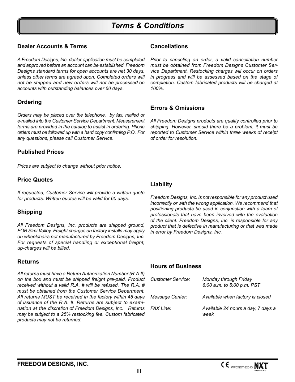 Terms & conditions | Freedom Designs Freedom NXT User Manual | Page 3 / 182