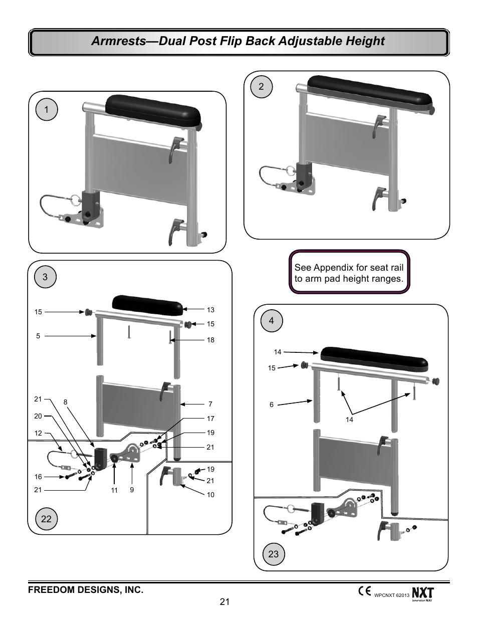 Dual post flip back adjustable height, Armrests—dual post flip back adjustable height | Freedom Designs Freedom NXT User Manual | Page 30 / 182