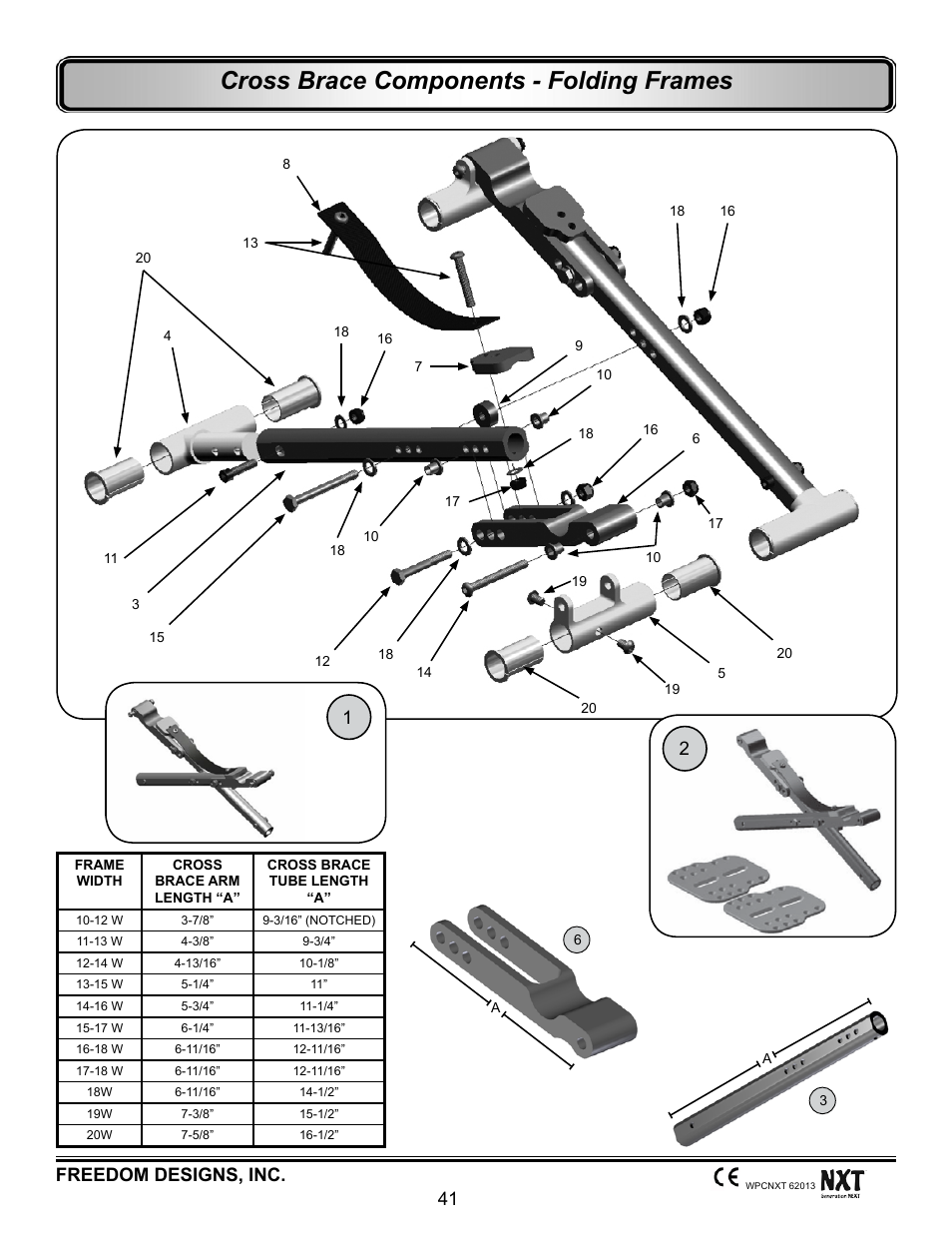 Cross braces - folding frames, Cross brace components - folding frames, Freedom designs, inc. 41 | Freedom Designs Freedom NXT User Manual | Page 50 / 182