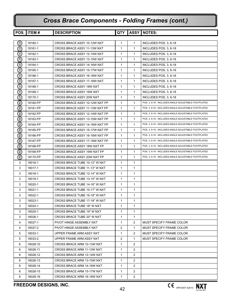 Cross brace components - folding frames (cont.), 42 freedom designs, inc | Freedom Designs Freedom NXT User Manual | Page 51 / 182