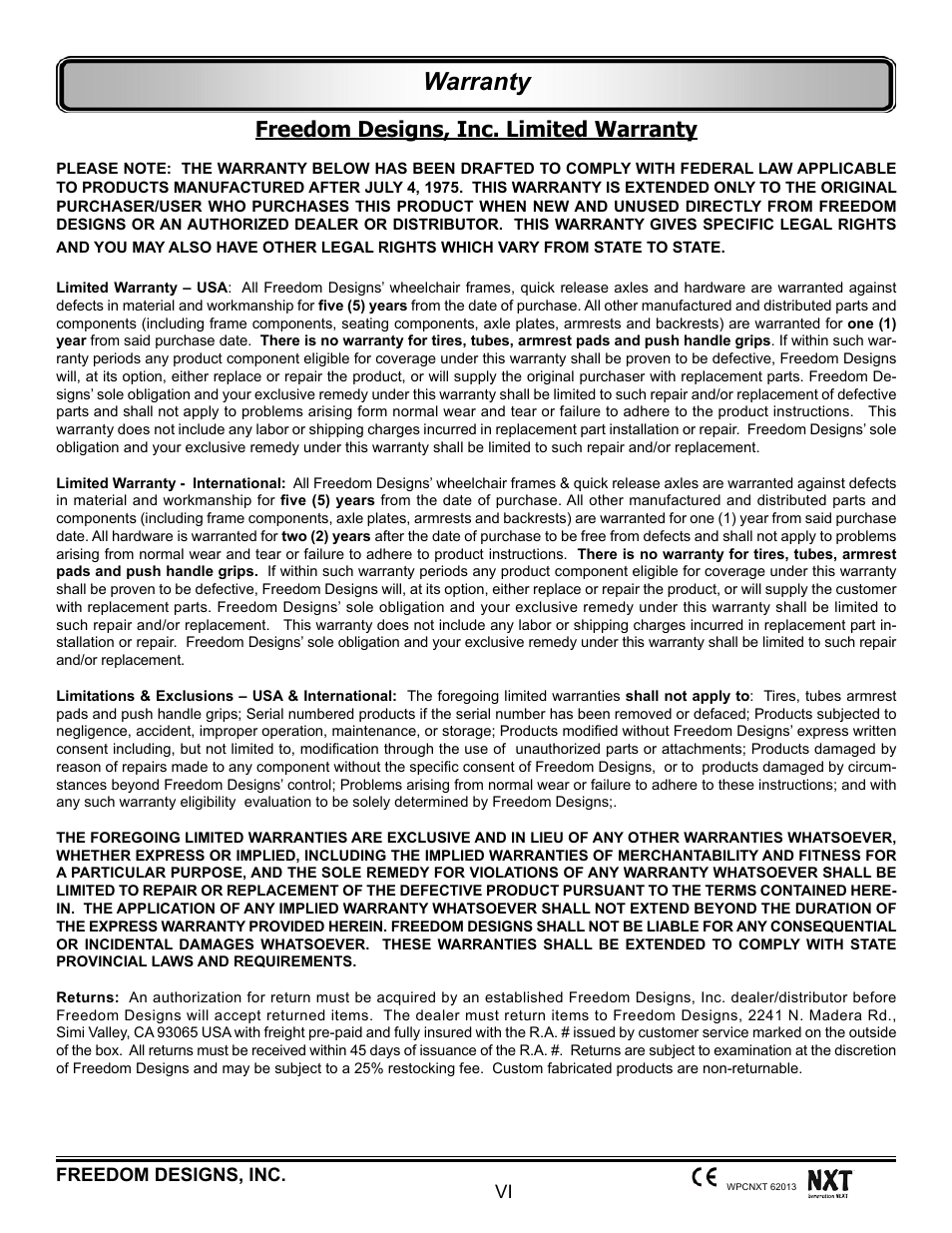 Warranty, Freedom designs, inc. limited warranty | Freedom Designs Freedom NXT User Manual | Page 6 / 182