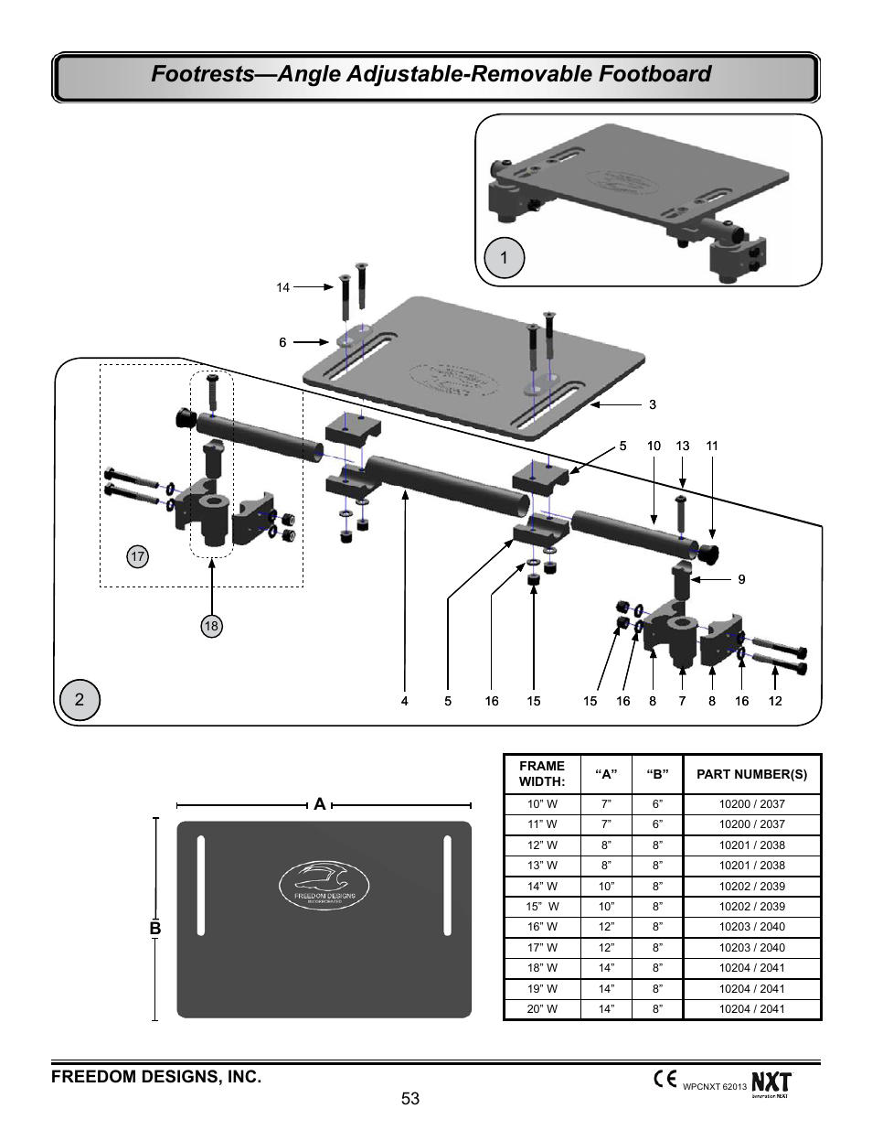 Footboards - angle adjustable, removable, Footrests—angle adjustable-removable footboard, Freedom designs, inc. 53 | Ba 1 | Freedom Designs Freedom NXT User Manual | Page 62 / 182